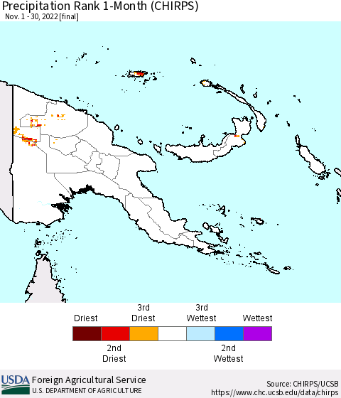 Papua New Guinea Precipitation Rank since 1981, 1-Month (CHIRPS) Thematic Map For 11/1/2022 - 11/30/2022