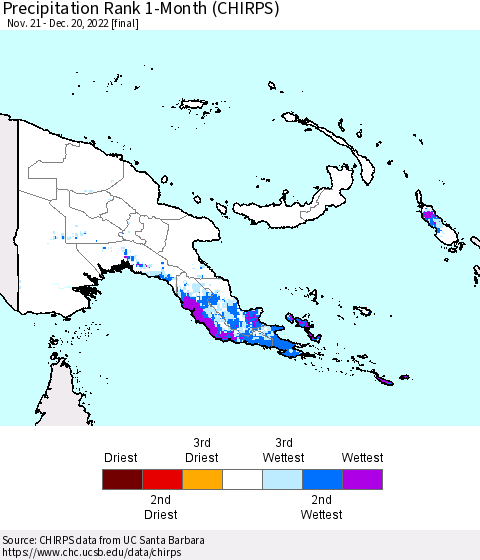 Papua New Guinea Precipitation Rank since 1981, 1-Month (CHIRPS) Thematic Map For 11/21/2022 - 12/20/2022