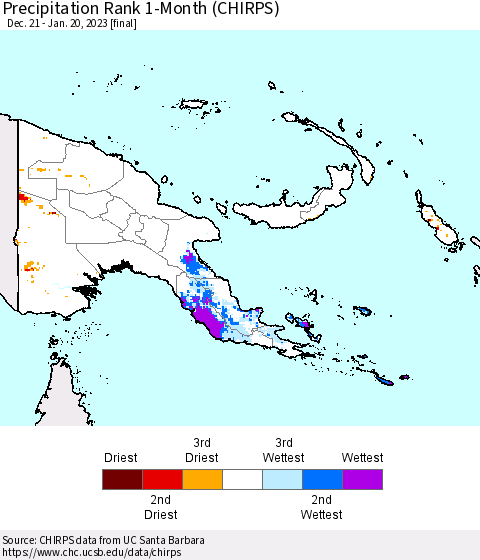 Papua New Guinea Precipitation Rank since 1981, 1-Month (CHIRPS) Thematic Map For 12/21/2022 - 1/20/2023
