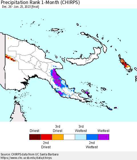 Papua New Guinea Precipitation Rank since 1981, 1-Month (CHIRPS) Thematic Map For 12/26/2022 - 1/25/2023