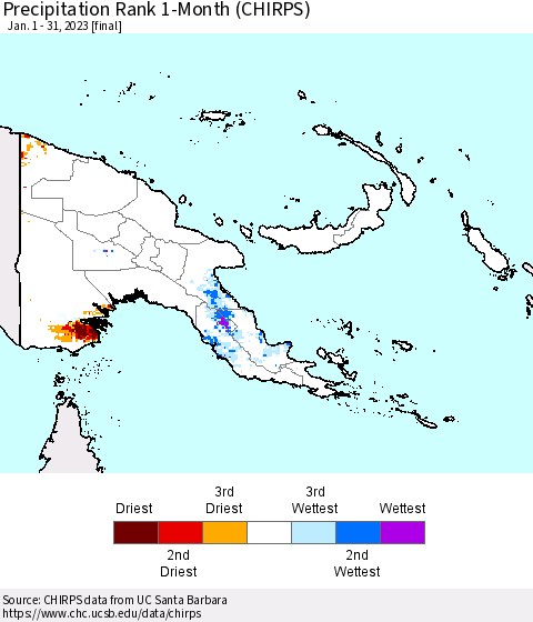 Papua New Guinea Precipitation Rank since 1981, 1-Month (CHIRPS) Thematic Map For 1/1/2023 - 1/31/2023