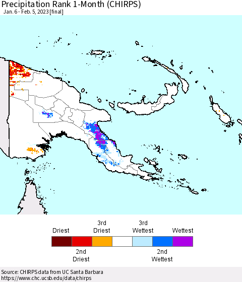 Papua New Guinea Precipitation Rank since 1981, 1-Month (CHIRPS) Thematic Map For 1/6/2023 - 2/5/2023