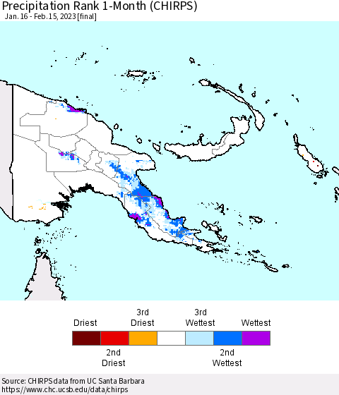 Papua New Guinea Precipitation Rank since 1981, 1-Month (CHIRPS) Thematic Map For 1/16/2023 - 2/15/2023