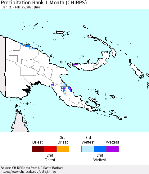 Papua New Guinea Precipitation Rank since 1981, 1-Month (CHIRPS) Thematic Map For 1/26/2023 - 2/25/2023