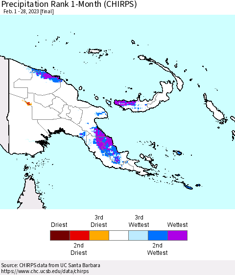 Papua New Guinea Precipitation Rank since 1981, 1-Month (CHIRPS) Thematic Map For 2/1/2023 - 2/28/2023