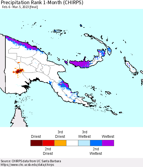 Papua New Guinea Precipitation Rank since 1981, 1-Month (CHIRPS) Thematic Map For 2/6/2023 - 3/5/2023
