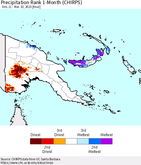 Papua New Guinea Precipitation Rank since 1981, 1-Month (CHIRPS) Thematic Map For 2/11/2023 - 3/10/2023