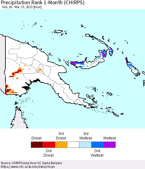 Papua New Guinea Precipitation Rank since 1981, 1-Month (CHIRPS) Thematic Map For 2/16/2023 - 3/15/2023
