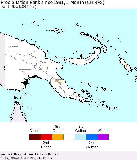 Papua New Guinea Precipitation Rank since 1981, 1-Month (CHIRPS) Thematic Map For 4/6/2023 - 5/5/2023