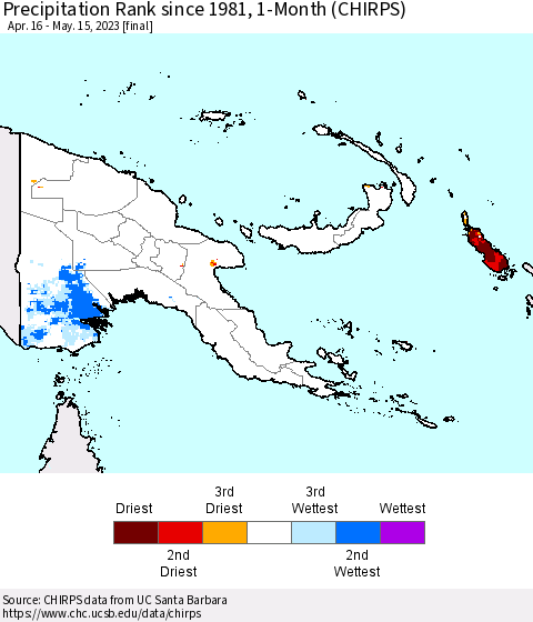 Papua New Guinea Precipitation Rank since 1981, 1-Month (CHIRPS) Thematic Map For 4/16/2023 - 5/15/2023