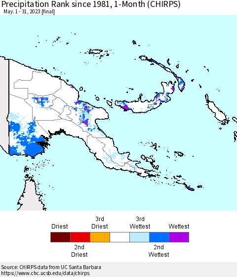 Papua New Guinea Precipitation Rank since 1981, 1-Month (CHIRPS) Thematic Map For 5/1/2023 - 5/31/2023