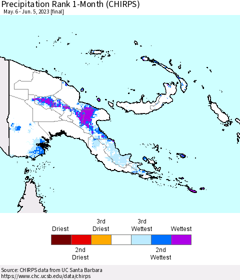 Papua New Guinea Precipitation Rank since 1981, 1-Month (CHIRPS) Thematic Map For 5/6/2023 - 6/5/2023