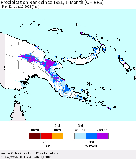 Papua New Guinea Precipitation Rank since 1981, 1-Month (CHIRPS) Thematic Map For 5/11/2023 - 6/10/2023