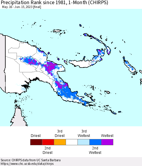 Papua New Guinea Precipitation Rank since 1981, 1-Month (CHIRPS) Thematic Map For 5/16/2023 - 6/15/2023