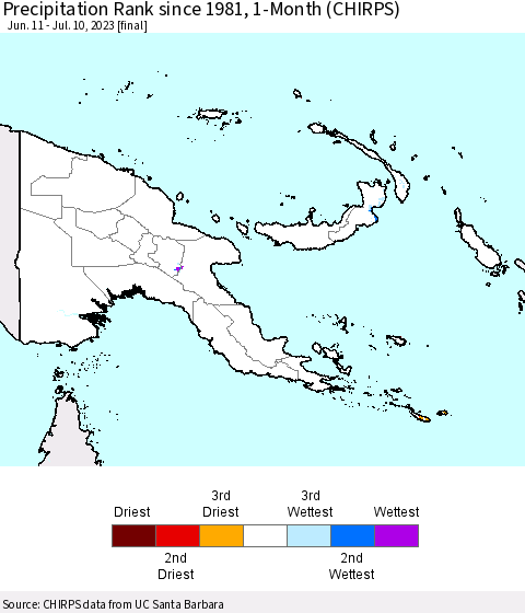 Papua New Guinea Precipitation Rank since 1981, 1-Month (CHIRPS) Thematic Map For 6/11/2023 - 7/10/2023