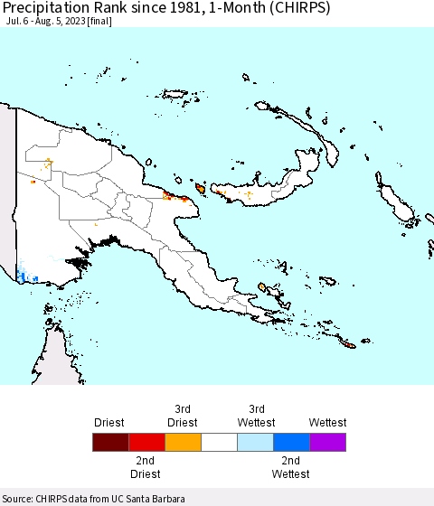 Papua New Guinea Precipitation Rank since 1981, 1-Month (CHIRPS) Thematic Map For 7/6/2023 - 8/5/2023