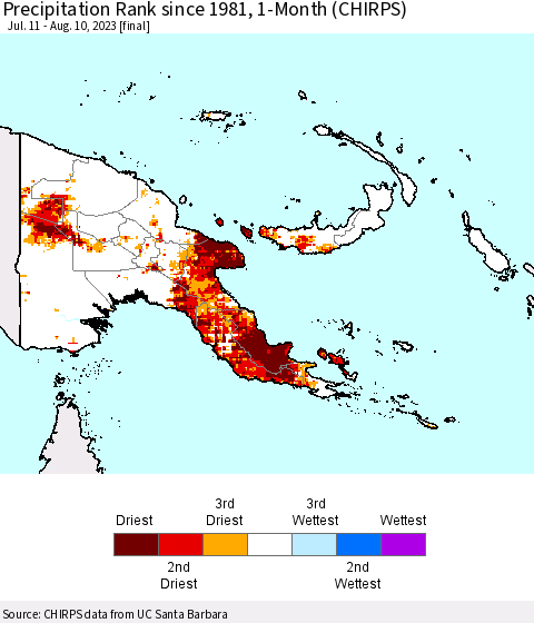 Papua New Guinea Precipitation Rank since 1981, 1-Month (CHIRPS) Thematic Map For 7/11/2023 - 8/10/2023