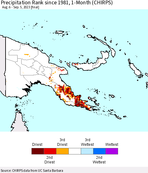 Papua New Guinea Precipitation Rank since 1981, 1-Month (CHIRPS) Thematic Map For 8/6/2023 - 9/5/2023