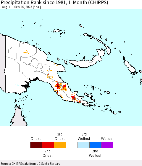 Papua New Guinea Precipitation Rank since 1981, 1-Month (CHIRPS) Thematic Map For 8/11/2023 - 9/10/2023