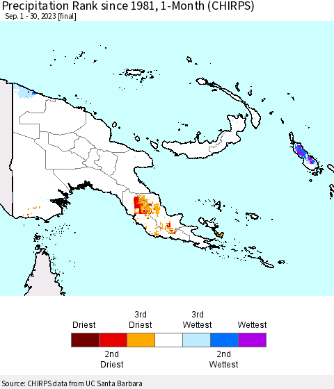 Papua New Guinea Precipitation Rank since 1981, 1-Month (CHIRPS) Thematic Map For 9/1/2023 - 9/30/2023