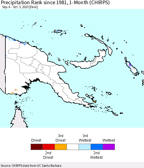 Papua New Guinea Precipitation Rank since 1981, 1-Month (CHIRPS) Thematic Map For 9/6/2023 - 10/5/2023