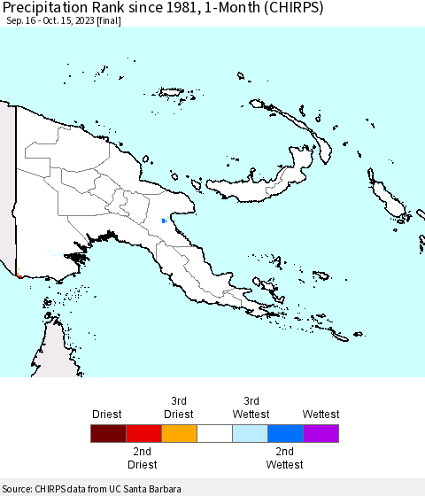 Papua New Guinea Precipitation Rank since 1981, 1-Month (CHIRPS) Thematic Map For 9/16/2023 - 10/15/2023