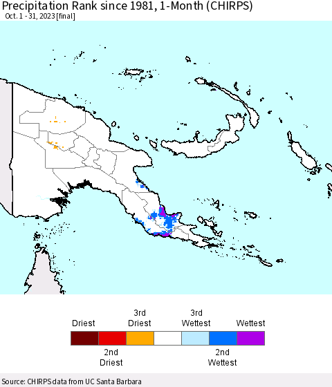 Papua New Guinea Precipitation Rank since 1981, 1-Month (CHIRPS) Thematic Map For 10/1/2023 - 10/31/2023