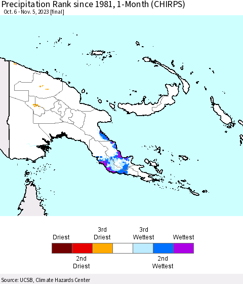 Papua New Guinea Precipitation Rank since 1981, 1-Month (CHIRPS) Thematic Map For 10/6/2023 - 11/5/2023