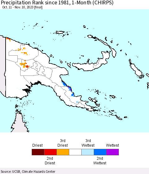 Papua New Guinea Precipitation Rank since 1981, 1-Month (CHIRPS) Thematic Map For 10/11/2023 - 11/10/2023