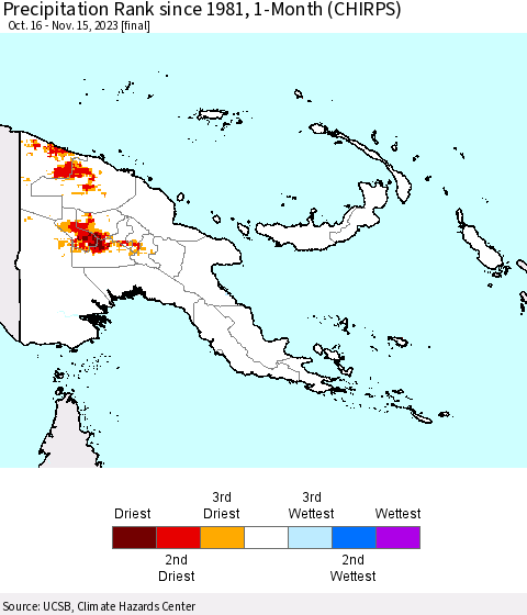 Papua New Guinea Precipitation Rank since 1981, 1-Month (CHIRPS) Thematic Map For 10/16/2023 - 11/15/2023