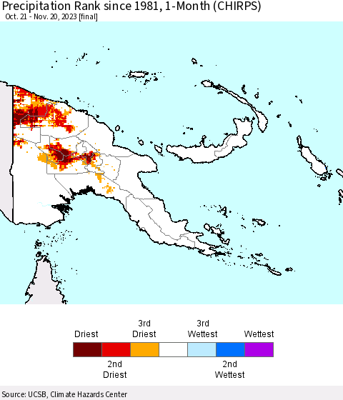 Papua New Guinea Precipitation Rank since 1981, 1-Month (CHIRPS) Thematic Map For 10/21/2023 - 11/20/2023