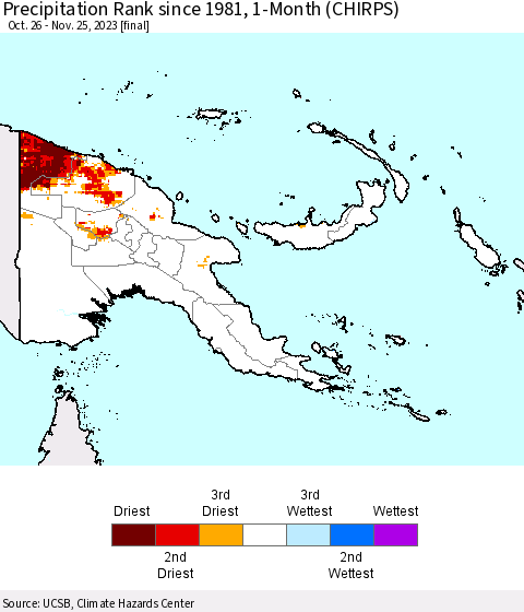 Papua New Guinea Precipitation Rank since 1981, 1-Month (CHIRPS) Thematic Map For 10/26/2023 - 11/25/2023
