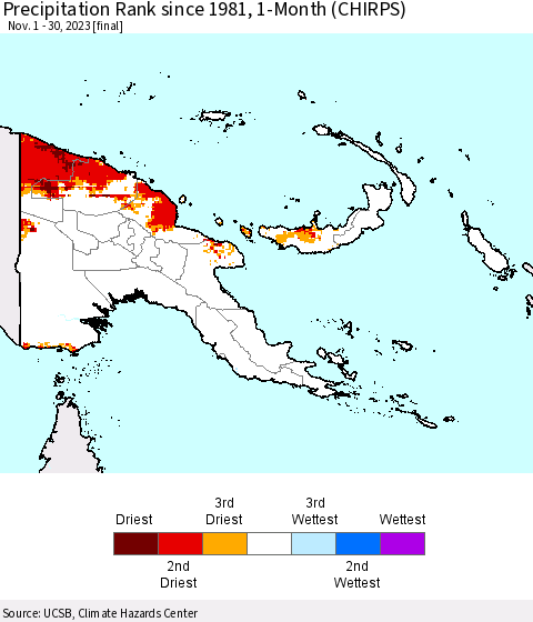 Papua New Guinea Precipitation Rank since 1981, 1-Month (CHIRPS) Thematic Map For 11/1/2023 - 11/30/2023