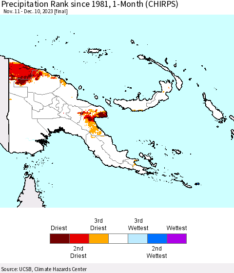 Papua New Guinea Precipitation Rank since 1981, 1-Month (CHIRPS) Thematic Map For 11/11/2023 - 12/10/2023