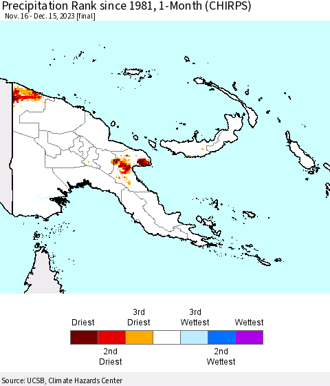 Papua New Guinea Precipitation Rank since 1981, 1-Month (CHIRPS) Thematic Map For 11/16/2023 - 12/15/2023