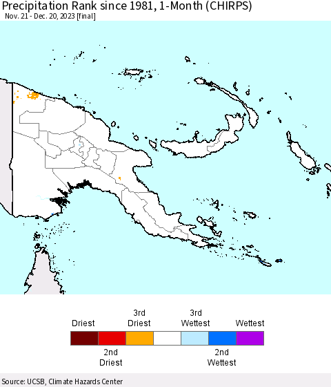 Papua New Guinea Precipitation Rank since 1981, 1-Month (CHIRPS) Thematic Map For 11/21/2023 - 12/20/2023