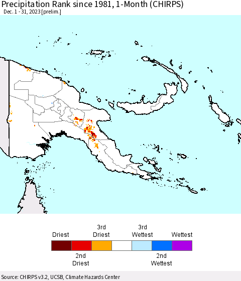 Papua New Guinea Precipitation Rank since 1981, 1-Month (CHIRPS) Thematic Map For 12/1/2023 - 12/31/2023