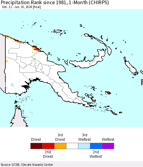 Papua New Guinea Precipitation Rank since 1981, 1-Month (CHIRPS) Thematic Map For 12/11/2023 - 1/10/2024