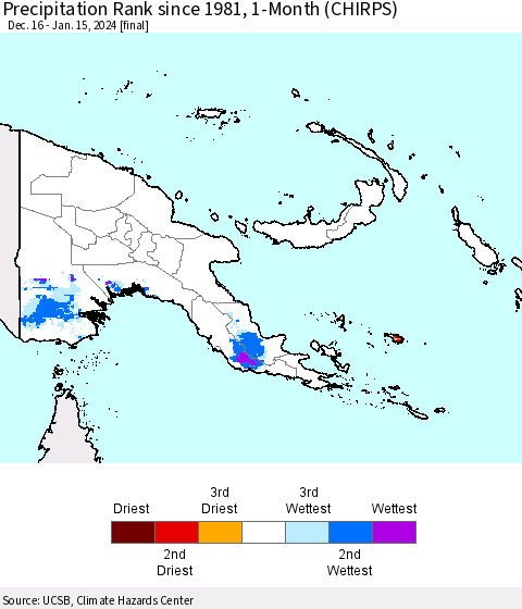Papua New Guinea Precipitation Rank since 1981, 1-Month (CHIRPS) Thematic Map For 12/16/2023 - 1/15/2024
