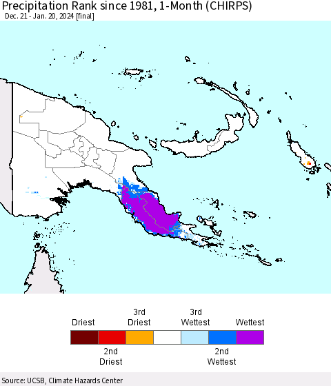 Papua New Guinea Precipitation Rank since 1981, 1-Month (CHIRPS) Thematic Map For 12/21/2023 - 1/20/2024