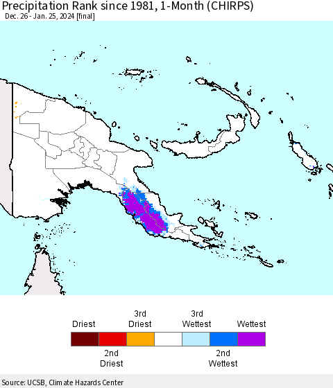 Papua New Guinea Precipitation Rank since 1981, 1-Month (CHIRPS) Thematic Map For 12/26/2023 - 1/25/2024