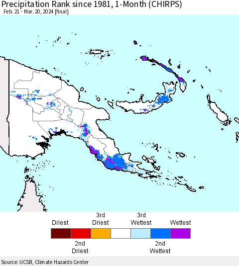 Papua New Guinea Precipitation Rank since 1981, 1-Month (CHIRPS) Thematic Map For 2/21/2024 - 3/20/2024