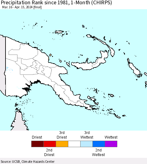 Papua New Guinea Precipitation Rank since 1981, 1-Month (CHIRPS) Thematic Map For 3/16/2024 - 4/15/2024