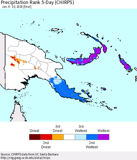 Papua New Guinea Precipitation Rank since 1981, 5-Day (CHIRPS) Thematic Map For 1/6/2020 - 1/10/2020