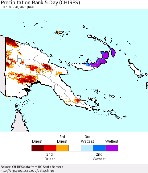 Papua New Guinea Precipitation Rank since 1981, 5-Day (CHIRPS) Thematic Map For 1/16/2020 - 1/20/2020