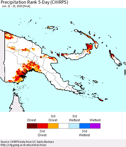 Papua New Guinea Precipitation Rank since 1981, 5-Day (CHIRPS) Thematic Map For 1/21/2020 - 1/25/2020