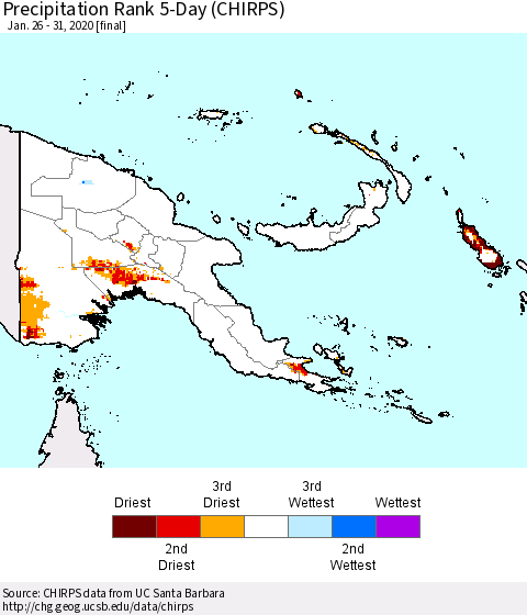 Papua New Guinea Precipitation Rank since 1981, 5-Day (CHIRPS) Thematic Map For 1/26/2020 - 1/31/2020