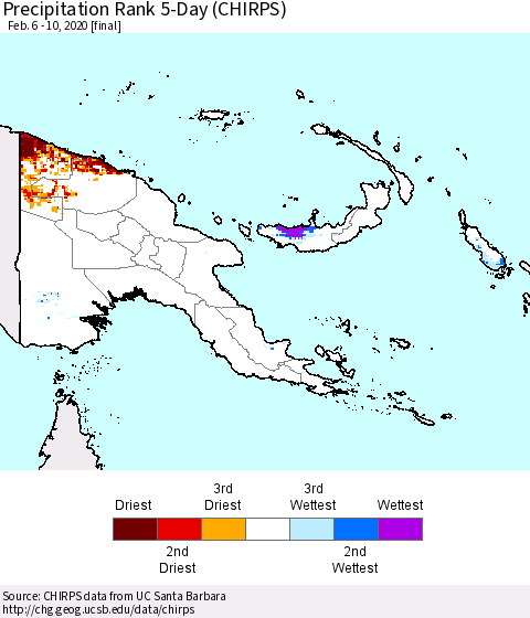 Papua New Guinea Precipitation Rank since 1981, 5-Day (CHIRPS) Thematic Map For 2/6/2020 - 2/10/2020