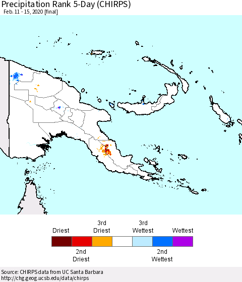 Papua New Guinea Precipitation Rank since 1981, 5-Day (CHIRPS) Thematic Map For 2/11/2020 - 2/15/2020