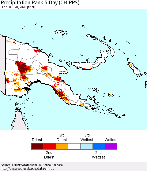Papua New Guinea Precipitation Rank since 1981, 5-Day (CHIRPS) Thematic Map For 2/16/2020 - 2/20/2020